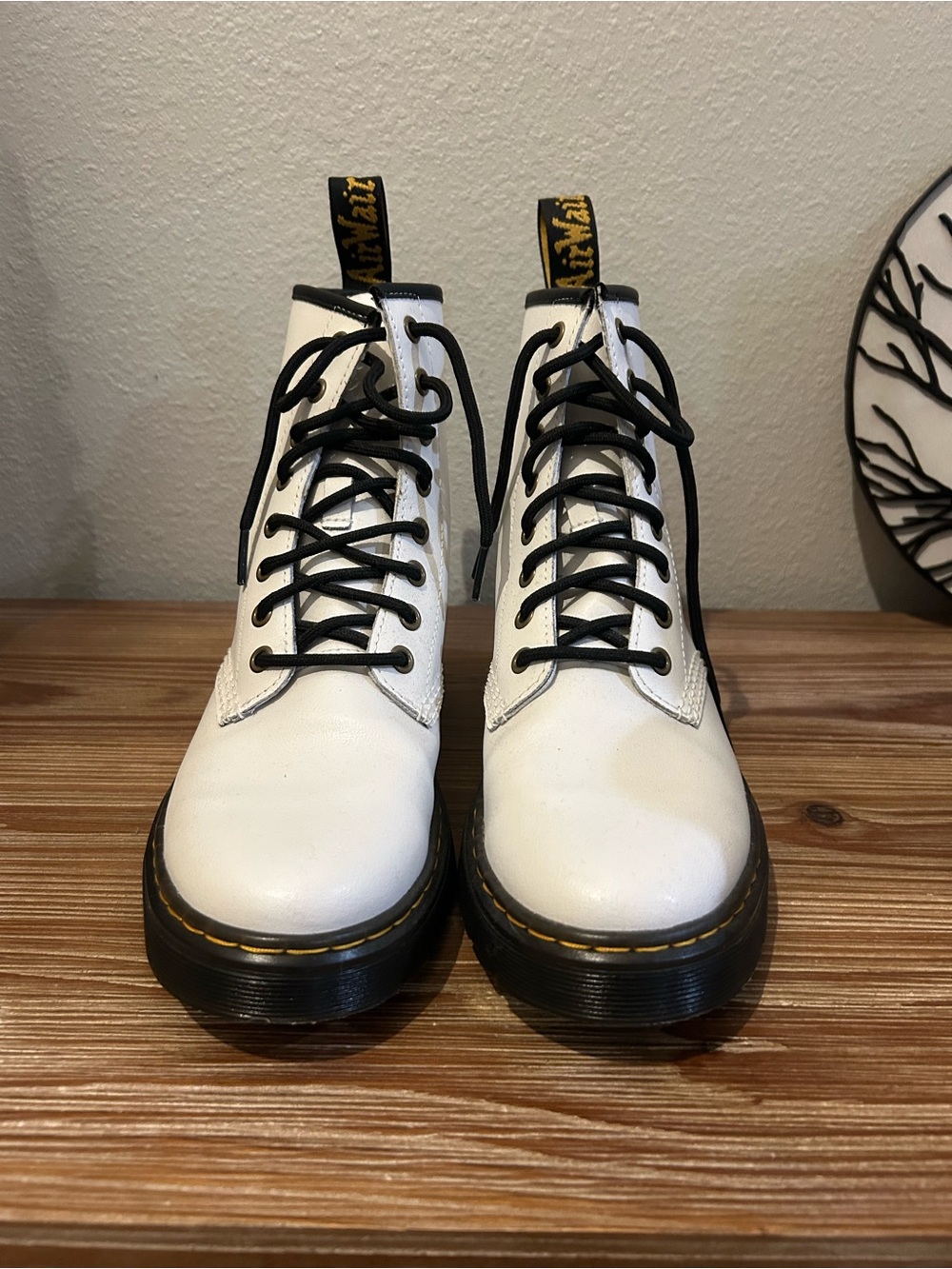 Dr. Martens White Leather Lace-Up Boots with Black Laces